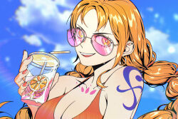 Rule 34 | 1girl, artist name, bare shoulders, cloud, cloudy sky, commentary, cup, disposable cup, earrings, english commentary, highres, holding, holding cup, hoop earrings, jewelry, long hair, looking at viewer, mygiorni, nail polish, nami (one piece), one piece, one piece film: red, open mouth, orange eyes, orange hair, orange nails, outdoors, pink-tinted eyewear, shoulder tattoo, sky, smile, solo, sunglasses, tattoo, teeth, tinted eyewear
