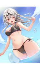 Rule 34 | 1girl, ;d, absurdres, bare arms, bare shoulders, bikini, black bikini, braid, breasts, cameltoe, cleavage, day, grey hair, groin, highres, hololive, large breasts, letterboxed, long hair, looking at viewer, miyagi ratona, multicolored hair, navel, one eye closed, open mouth, outdoors, red eyes, sakamata chloe, side-tie bikini bottom, smile, solo, standing, stomach, streaked hair, string bikini, sunlight, swimsuit, thighs, virtual youtuber, wading, wet