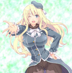 Rule 34 | 10s, 1girl, atago (kancolle), bad id, bad pixiv id, blonde hair, blue eyes, breasts, brown pantyhose, green background, hand on own hip, hat, jacket, kantai collection, large breasts, long hair, military, military uniform, nanami kazusa, one eye closed, open mouth, panties, panties under pantyhose, pantyhose, pantyshot, personification, skirt, smile, solo, underwear, uniform, upskirt, wink