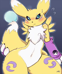 Rule 34 | 1girl, animal ears, black sclera, blue eyes, blush, body fur, colored sclera, commentary request, detached sleeves, digimon, digimon (creature), furry, furry female, holding tail, looking at viewer, moriguru77, navel, outline, renamon, simple background, slit pupils, solo, sweat, tail, two-tone fur, white fur, yellow fur, yin yang, yin yang print
