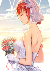 Rule 34 | 1girl, backless dress, backless outfit, bouquet, breasts, bridal veil, brown hair, closed eyes, closed mouth, commentary, dress, flower, flower wreath, from side, gloves, go-toubun no hanayome, hair bun, head wreath, holding, holding bouquet, kazumaru, large breasts, short hair, shoulder blades, sky, smile, solo, veil, wedding dress, white gloves