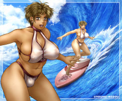Rule 34 | 1girl, artist name, bikini, blue sky, breasts, cloud, earrings, highres, huge breasts, jewelry, jolly roger, large breasts, open mouth, outdoors, phaia, short hair, sideboob, skull and crossed swords, sky, solo, spunky knight, surfing, swimsuit, water, youhei kozou