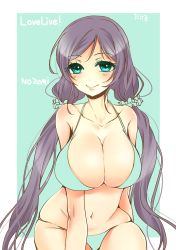 Rule 34 | 10s, 1girl, aqua eyes, bad id, bad pixiv id, bare arms, bare legs, bikini, blue background, blue bikini, breasts, character name, female focus, large breasts, long hair, looking at viewer, love live!, love live! school idol project, navel, purple hair, sakasaka, sitting, smile, solo, stomach, swimsuit, tojo nozomi, twintails