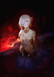 Rule 34 | 1girl, absurdres, armor, bad id, bad twitter id, bleeding, blood, blood in hair, blood on face, blue eyes, breasts, cleavage, cleavage cutout, clothing cutout, dark, embers, gloves, hair over one eye, highres, long hair, parted lips, sinoalice, sitting, snow white (sinoalice), solo, sword, thighhighs, unti no azi, wariza, weapon, white hair