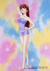 Rule 34 | 1990s (style), 1996, 1girl, arm up, barefoot, breasts, brown eyes, brown hair, cleavage, collarbone, copyright name, copyright notice, full body, hand on own hip, juliana (megami paradise), long hair, looking at viewer, megami paradise, naked towel, nec, official art, open mouth, retro artstyle, solo, standing, towel, yamauchi noriyasu
