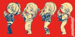 4girls aespa blunt_bangs boots braid chibi commentary_request giselle_(aespa) hat highres jacket junppp9n9n k-pop karina_(aespa) leather leather_jacket long_hair multiple_girls ningning_(aespa) ponytail real_life red_background sidelocks simple_background twitter_username winter_(aespa)