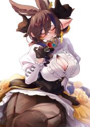 1girl aki663 animal_ears black_gloves black_skirt blush breasts brown_hair brown_thighhighs button_gap cleavage closed_eyes corset dress earrings extra_ears frills galleon_(granblue_fantasy) garter_straps gloves granblue_fantasy highres horns jewelry large_breasts layered_skirt long_sleeves medium_hair multicolored_hair pointy_ears sitting skirt smile streaked_hair swept_bangs thighhighs thighs tongue tongue_out unworn_eyewear white_dress yellow_skirt