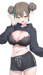 Rule 34 | 1girl, aya (lezon), black bra, black jacket, black shorts, bra, breasts, brown hair, cleavage, commentary request, double bun, earrings, green hair, hair bun, hair ornament, hairclip, highres, jacket, jewelry, large breasts, long sleeves, looking at viewer, mole, mole on stomach, multicolored hair, navel, open mouth, original, short hair, shorts, shrug (clothing), simple background, solo, two-tone hair, underwear, white background, yellow eyes