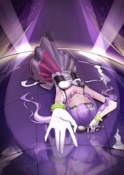 Rule 34 | 1girl, alternate costume, arm up, bibi (tokoyami towa), blush, corset, curtains, detached collar, fisheye, from above, gloves, green eyes, highres, holding, holding microphone, hololive, idol clothes, knee up, long hair, looking at viewer, lunariskat, lying, microphone, on back, on floor, purple hair, smile, solo, stage, tokoyami towa, twintails, virtual youtuber, wavy hair, white gloves