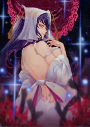 Rule 34 | 1girl, absurdres, arm at side, back, backless dress, backless outfit, black hair, black horns, breasts, chinese commentary, commentary request, cowboy shot, detached sleeves, dress, fate/extra, fate/extra ccc, fate/grand order, fate (series), flower, from side, grin, hand up, highres, horn ornament, horn ring, horns, kaibab, large breasts, large horns, long hair, long sleeves, looking at viewer, looking back, multicolored hair, multicolored horns, pink hair, pink horns, profile, red flower, sessyoin kiara, sideboob, smile, solo, space, spider lily, star (sky), streaked hair, tassel, white dress, white veil, wide sleeves, yellow eyes