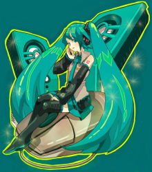Rule 34 | 1girl, aqua background, aqua hair, black thighhighs, cable, detached sleeves, haruo (clownberry), hatsune miku, long hair, mini person, minigirl, mouse (computer), skirt, solo, thighhighs, twintails, very long hair, vocaloid