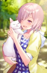 Rule 34 | 1girl, ;d, animal, blurry, blurry background, blush, carrying, cat, day, dress, fate/grand order, fate (series), hair over one eye, happy, haru (hiyori-kohal), holding, holding animal, hood, hood down, hoodie, mash kyrielight, mash kyrielight (senpai killer outfit), no eyewear, nuzzle, official alternate costume, one eye closed, open clothes, open hoodie, open mouth, outdoors, pink hair, plaid, plaid dress, puffy short sleeves, puffy sleeves, purple eyes, short hair, short sleeves, smile, solo, upper body, white cat