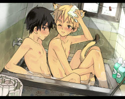 Rule 34 | 2boys, :d, anal, animal ears, bare shoulders, bathroom, bathtub, between legs, black hair, blonde hair, blush, cat boy, cat ears, cat tail, coin rand, faucet, male focus, male penetrated, multiple boys, nipples, nude, one eye closed, open mouth, original, partially submerged, sex, short hair, smile, sweat, tail, water, window, wink, yaoi