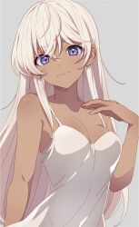 Rule 34 | 1girl, bare arms, bare shoulders, breasts, cleavage, closed mouth, collarbone, commentary, dark-skinned female, dark skin, dress, eyebrows hidden by hair, grey background, hand on own chest, highres, kazenoko, long hair, looking at viewer, medium breasts, original, purple eyes, simple background, sleeveless, smile, solo, spaghetti strap, tareme, upper body, white dress, white hair