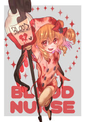 Rule 34 | 1girl, :d, alternate costume, black footwear, blonde hair, blood, blood bag, blood on clothes, bow, buttons, cross, crossed bangs, dress, drill hair, fang, flandre scarlet, hair between eyes, hat, highres, holding, laevatein, leg up, looking at viewer, masanaga (tsukasa), medium hair, nurse, nurse cap, open mouth, red bow, red eyes, shoes, short dress, side ponytail, smile, solo, thighhighs, touhou, white dress, white hat, white thighhighs, zettai ryouiki