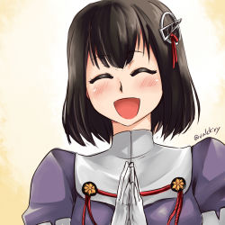 Rule 34 | 10s, 1girl, aiguillette, blush, brown hair, closed eyes, facing viewer, gloves, haguro (kancolle), hair ornament, happy, highres, kantai collection, nam (valckiry), open mouth, own hands together, puffy sleeves, purple shirt, shirt, short hair, signature, smile, solo