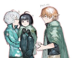 Rule 34 | 1girl, 2boys, ?, ahoge, amatori chika, black footwear, black hair, black shirt, blue jacket, blush, bob cut, boots, brown hair, carrying, clenched hands, cloak, convenient leg, ema yuzuru, english text, eye contact, frown, green cloak, hands up, jacket, kuga yuuma, looking at another, looking at viewer, mnmnwtsn, multiple boys, outline, princess carry, profile, purple eyes, reaching, red eyes, shirt, short hair, simple background, sleeves past elbows, sweatdrop, thigh boots, uniform, upper body, white background, world trigger