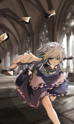 Rule 34 | 1girl, absurdres, aiming, aiming at viewer, aki tsui, apron, architecture, blue eyes, blue skirt, blue vest, braid, commentary request, feet out of frame, flying buttress, foreshortening, gothic architecture, highres, indoors, izayoi sakuya, knife, leaning forward, light rays, looking at viewer, maid headdress, outstretched arm, petticoat, running, silver hair, sketch, skirt, smile, solo, stone floor, stone wall, sunbeam, sunlight, throwing knife, touhou, twin braids, vaulted ceiling, vest, waist apron, wall, weapon, window