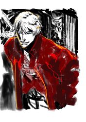 Rule 34 | 1boy, blue eyes, closed mouth, dante (devil may cry), devil may cry, devil may cry (series), devil may cry 3, holding, holding behind back, jacket, long sleeves, looking at viewer, male focus, miwa shirow, open clothes, open jacket, partially colored, red jacket, sketch, smirk, solo, weapon, weapon on back, white hair