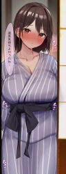 Rule 34 | 1girl, black bow, blush, bow, breasts, brown eyes, brown hair, cleavage, collarbone, cowboy shot, full-face blush, grey kimono, highres, japanese clothes, kimono, large breasts, looking at viewer, original, parted lips, rouka (akatyann), short hair, sliding doors, solo, speech bubble, striped clothes, striped kimono, translated, yukata