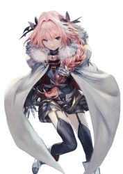 Rule 34 | 1boy, armor, astolfo (fate), black bow, boots, bow, braid, cape, fang, fate/apocrypha, fate/grand order, fate (series), faulds, full body, fur collar, garter straps, gauntlets, hair bow, hair intakes, hair over shoulder, knees together feet apart, long braid, long hair, low-tied long hair, male focus, multicolored hair, pink hair, purple eyes, single braid, solo, streaked hair, thighhighs, tomatika, trap, white background, white hair