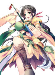 Rule 34 | 1girl, :d, ahoge, armor, black hair, blush, boots, breasts, brown footwear, covered erect nipples, cross-laced footwear, detached sleeves, dress, feather hair ornament, feathers, fighting stance, floral print, foreshortening, goban, green dress, green eyes, feather hair ornament, hair intakes, highres, holding, holding weapon, kan&#039;u unchou (sangoku hime), lace-up boots, large breasts, leg up, long hair, long sleeves, looking at viewer, low ponytail, naginata, open mouth, pauldrons, polearm, sangoku hime, sangoku hime 3, shoulder armor, sidelocks, smile, solo, very long hair, weapon, wide sleeves