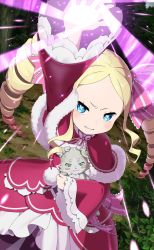 Rule 34 | 1girl, beatrice (re:zero), blonde hair, bug, butterfly, butterfly-shaped pupils, cape, cat, dress, drill hair, frilled dress, frilled sleeves, frills, fur-trimmed cape, fur trim, highres, holding, holding toy, insect, long sleeves, looking at viewer, magic, official art, outdoors, pink dress, pink hair, puck (re:zero), re:zero kara hajimeru isekai seikatsu, symbol-shaped pupils, tears, toy, twin drills, wide sleeves