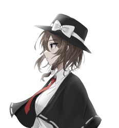 Rule 34 | 1girl, black capelet, black hat, bow, brown eyes, brown hair, capelet, closed mouth, collared shirt, expressionless, floating clothes, floating hair, hair between eyes, hair bow, hat, hat bow, highres, looking ahead, maybe (user rrdw2854), necktie, profile, red necktie, ribbon-trimmed capelet, ribbon trim, shirt, short hair, simple background, solo, touhou, upper body, usami renko, white background, white bow, white shirt