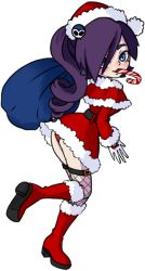 Rule 34 | 1girl, ass, bag, boots, christmas, drill hair, fishnet thighhighs, fishnets, hat, looking at viewer, purple hair, santa hat, thighhighs, zone-tan