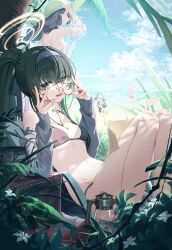 Rule 34 | &lt;|&gt; &lt;|&gt;, 4girls, beach, bikini, black bikini, black hair, black wings, blue archive, breasts, commentary, day, english commentary, flower, glasses, grey jacket, hairband, halo, hanako (blue archive), hanako (swimsuit) (blue archive), hat, head wings, highres, hinata (blue archive), hinata (swimsuit) (blue archive), jacket, knees up, koharu (blue archive), koharu (swimsuit) (blue archive), large breasts, legs, long braid, long hair, long sleeves, multiple girls, ocean, official alternate costume, penguin say, pink hair, pink halo, ponytail, purple eyes, purple hairband, red halo, round eyewear, small breasts, straw hat, swimsuit, ui (blue archive), ui (swimsuit) (blue archive), very long hair, white flower, wings, yellow halo
