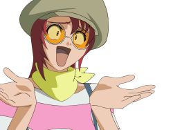 Rule 34 | 00s, 1girl, glasses, hat, highres, juliet nao zhang, my-otome, open mouth, orange-tinted eyewear, orange-tinted glasses, shrugging, simple background, solo, sunglasses, tinted eyewear, upper body, vector trace, white background