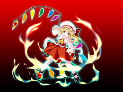 Rule 34 | 1girl, blonde hair, blouse, collared shirt, female focus, fire, flandre scarlet, full body, gradient background, hat, mob cap, red background, red eyes, shirt, short hair, solo, standing, touhou, white hat, white shirt, wings