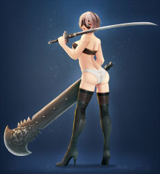 Rule 34 | 1girl, ass, bare arms, bare shoulders, black footwear, black hairband, blindfold, blindfold slip, blue eyes, boots, breasts, broadsword, brown gloves, brown thighhighs, butt crack, chain, covered eyes, dimples of venus, dual wielding, from behind, full body, gloves, greatsword, hair over eyes, hairband, hand up, high heel boots, high heels, highres, holding, holding sword, holding weapon, huge weapon, katana, large breasts, legs apart, looking at viewer, looking back, medium breasts, mole, mole under mouth, nier:automata, nier (series), nose, oldlim, open mouth, over shoulder, panties, pink lips, short hair, shoulder blades, silver hair, solo, standing, strapless, sword, thigh boots, thighhighs, thighs, tube top, twisted neck, underwear, weapon, weapon over shoulder, white panties, 2b (nier:automata)