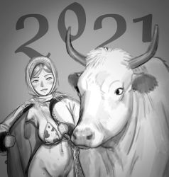 Rule 34 | 1girl, 2021, absurdres, animal print, bad id, bad twitter id, bikini, bikini top only, blush, chinese zodiac, cow print, greyscale, highres, looking at viewer, mittens, monochrome, navel, open clothes, original, parted lips, print bikini, smile, solo, swimsuit, upper body, wass nonnam, year of the ox