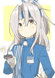 Rule 34 | 1girl, bad id, bad tumblr id, barcode scanner, blue shirt, blush, collared shirt, employee uniform, flat chest, hair between eyes, headband, high ponytail, id card, kantai collection, lawson, long hair, long sleeves, looking at viewer, ninimo nimo, shirt, silver hair, solo, speech bubble, striped clothes, striped shirt, two-tone background, uniform, upper body, vertical-striped clothes, vertical-striped shirt, wing collar, yellow eyes, zuihou (kancolle)