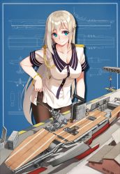 Rule 34 | 1girl, absurdres, adjusting clothes, adjusting legwear, aircraft, airplane, ammunition box, aqua eyes, blueprint (object), bracelet, breasts, brewster f2a buffalo, building, cleavage, collarbone, crane (machine), dock, flight deck, fourragere, highres, jewelry, large breasts, lexington (warship girls r), long hair, looking to the side, pantyhose, ship, silver hair, solo, uniform, uss lexington (cv-2), very long hair, warship girls r, watercraft, zi se
