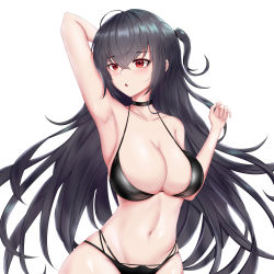 Rule 34 | 1girl, absurdres, arm behind head, arm up, armpits, azur lane, bikini, black bikini, black choker, black hair, blush, breasts, chinese commentary, choker, commentary request, groin, hand up, highres, large breasts, long hair, navel, one side up, pake w, parted lips, partial commentary, red eyes, simple background, solo, stomach, swimsuit, taihou (azur lane), taihou (enraptured companion) (azur lane), upper body, very long hair, white background