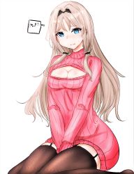 Rule 34 | 1girl, an-94 (girls&#039; frontline), black thighhighs, blonde hair, blue eyes, blush, breasts, cleavage, closed mouth, garter straps, girls&#039; frontline, hairband, hands on floor, long hair, looking at viewer, medium breasts, meme attire, on floor, open-chest sweater, peroronti, pink sweater, sitting, solo, sweater, thighhighs, white background