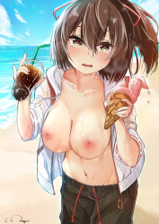 Rule 34 | 1girl, beach, black male swimwear, blue sky, breasts, brown hair, coke, crossdressing, day, female focus, food, hair between eyes, heart, heart-shaped pupils, heart in eye, highres, holding, ice cream, ise (kancolle), jacket, kantai collection, large breasts, looking at viewer, male swimwear, male swimwear challenge, medium hair, nagi (shunsuke-manage), nipples, no bra, ocean, open clothes, open jacket, outdoors, sand, sky, solo, standing, sweat, swim trunks, swimsuit, symbol-shaped pupils, symbol in eye, topless, wet