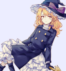 Rule 34 | 1girl, blonde hair, boots, bow, braid, broom, broom riding, coat, commentary request, forbidden scrollery, hat, hat bow, kirisame marisa, crossed legs, light smile, long sleeves, looking away, petticoat, side braid, single braid, solo, touhou, trench coat, turtleneck, uranaishi (miraura), witch hat, yellow eyes