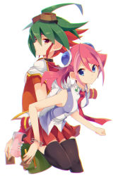 Rule 34 | 1boy, 1girl, ahoge, black thighhighs, blue eyes, bracelet, card, choker, dyed bangs, from behind, goggles, goggles on head, green hair, hiiragi yuzu, holding, holding card, jewelry, looking at viewer, multicolored hair, musical note, pink footwear, pink hair, pleated skirt, red eyes, red hair, red neckwear, red shirt, red skirt, rento (rukeai), sakaki yuya, shirt, shoes, short hair, short sleeves, skirt, sleeveless, spiked hair, thighhighs, twintails, yu-gi-oh!, yu-gi-oh! arc-v