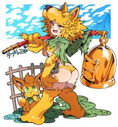 Rule 34 | 1girl, :d, animal ears, animal feet, animal hands, ass, bell, blonde hair, blush, breasts, commentary request, commission, fang, fence, fox, fox hat, full body, green scarf, halterneck, highres, holding, holding staff, kafun, large breasts, looking at viewer, looking back, moonlight flower, mountain, open mouth, orange eyes, panties, ragnarok online, scarf, second-party source, short hair, skeb commission, smile, solo, staff, underboob, underwear, yellow panties