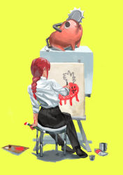 Rule 34 | 1girl, animal, art brush, black pants, braid, braided ponytail, chainsaw, chainsaw man, collared shirt, demon, full body, highres, long hair, long sleeves, makima (chainsaw man), office lady, paintbrush, painting (action), pants, pochita (chainsaw man), red hair, shirt, simple background, sitting, taiyou, yellow background