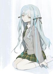 Rule 34 | 1girl, absurdres, bang dream!, bang dream! it&#039;s mygo!!!!!, blue background, blue hair, closed mouth, collared shirt, commentary, expressionless, full body, green necktie, green skirt, grey jacket, haneoka school uniform, hashtag-only commentary, highres, jacket, long sleeves, m09 mirage090, necktie, no shoes, plaid, plaid skirt, pleated skirt, school uniform, seiza, shirt, sitting, skirt, socks, solo, togawa sakiko, white background, white shirt, white socks, yellow eyes