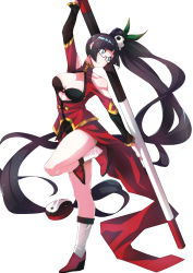 Rule 34 | 1girl, absurdres, arc system works, bare shoulders, black hair, blazblue, blazblue: calamity trigger, blue eyes, boots, bra, breasts, china dress, chinese clothes, cleavage, detached sleeves, dress, full body, glasses, highres, lao jiu, large breasts, litchi faye ling, long hair, makai, panda, solo, staff, underwear, very long hair, weapon, white background, yin yang