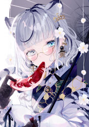 Rule 34 | 1girl, 2022, animal ears, blue eyes, blunt bangs, blush, brooch, commentary request, ear piercing, earrings, eating, flower, food, glasses, gloves, grey hair, highres, japanese clothes, jewelry, lace, lace gloves, looking at viewer, meat, medium hair, multicolored hair, nengajou, new year, oi-chan, original, partial commentary, piercing, sakurato remi, solo, standing, tail, tiger, tiger ears, tiger tail, upper body, white background, white flower