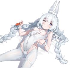Rule 34 | 1girl, absurdres, ahoge, animal ear fluff, animal ears, azur lane, bare arms, bare shoulders, blue eyes, braid, breasts, carrot, chest harness, choker, controlline3, gluteal fold, harness, highleg, highleg leotard, highres, holding, le malin (azur lane), le malin (listless lapin) (azur lane), leotard, long hair, looking at viewer, lying, official alternate costume, on back, pantyhose, parted lips, playboy bunny, rabbit ears, small breasts, solo, thigh strap, twin braids, twintails, uneven eyes, very long hair, white choker, white hair, white leotard, white pantyhose, wrist cuffs