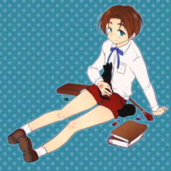 Rule 34 | 1boy, 3710, aged down, bad id, bad pixiv id, blue background, blue eyes, blush, book, brown hair, cane, child, command spell, fate/zero, fate (series), gem, male focus, polka dot, polka dot background, shorts, simple background, smile, solo, staff, suspenders, time paradox, tohsaka tokiomi