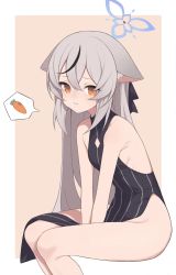 Rule 34 | 1girl, absurdres, bad id, bad pixiv id, bare arms, bare shoulders, between legs, black dress, black hair, blue archive, breasts, brown background, carrot, commentary, dress, feet out of frame, grey hair, groin, hair between eyes, halo, hand between legs, highres, kokona (blue archive), loyo, multicolored hair, orange eyes, pelvic curtain, sitting, sleeveless, sleeveless dress, small breasts, solo, spoken food, streaked hair, striped clothes, striped dress, tears, thighs, two-tone background, vertical-striped clothes, vertical-striped dress, white background