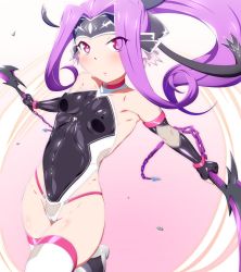 Rule 34 | 1girl, aged down, black leotard, breasts, collar, covered erect nipples, covered navel, danpu, fate/grand order, fate (series), fishnets, highres, impossible clothes, impossible leotard, leotard, long braid, medusa (fate), medusa (lancer) (fate), medusa (rider) (fate), ninja, rider, scythe, shiny clothes, skin tight, small breasts, taimanin (series), taimanin suit, thighhighs